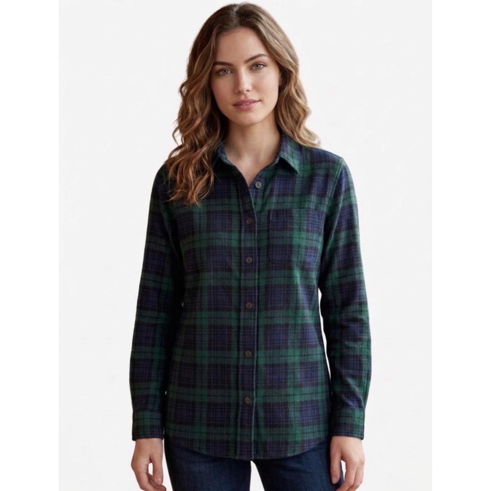 L.L. Bean Plus Long Sleeve Navy Green Tartan Plaid Cotton Button Flannel 2X